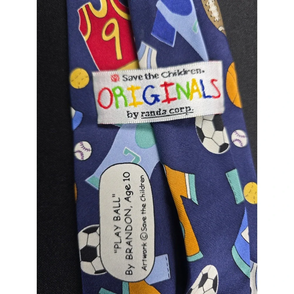 Save the Children Originals Randa Corp Silk Tie Navy Blue Sports Play Ball Motif